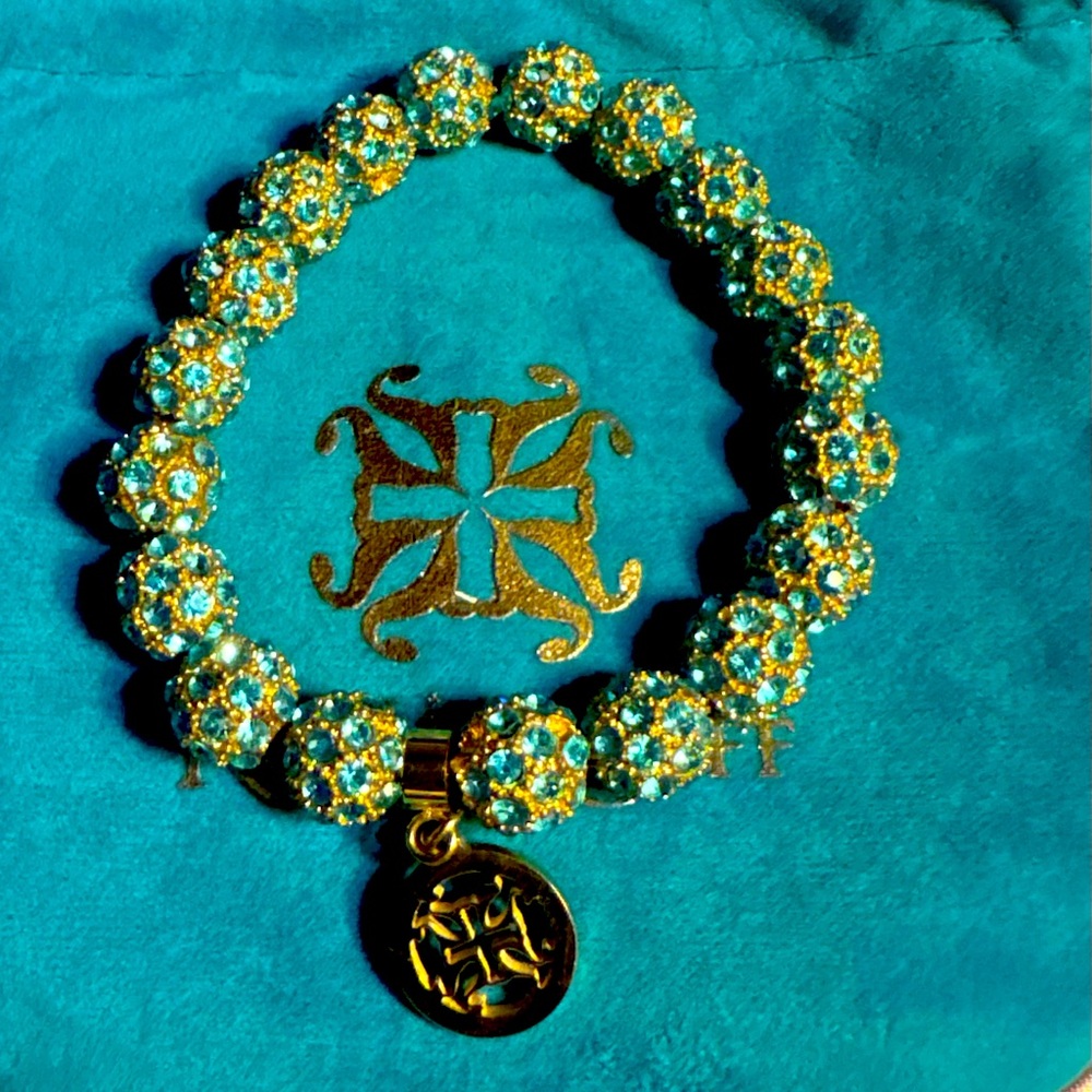 Aquamarine Rustic Cuff FACETED Kennedy:  Gold withTeal crystal Beads velvet  bag